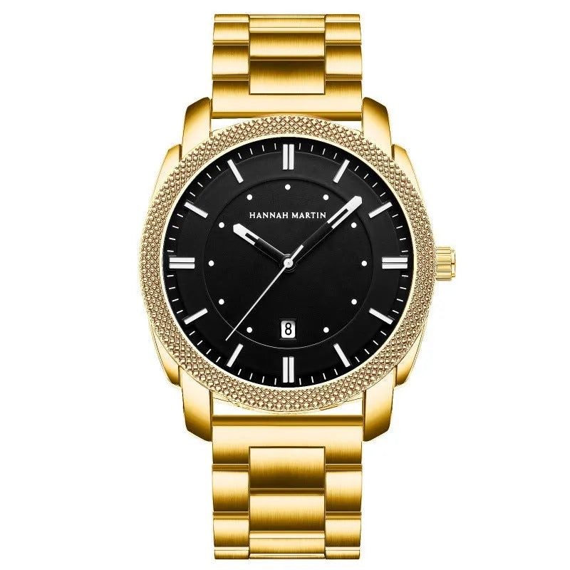 Men's stainless steel waterproof quartz watch with 40mm circular dial and mineral glass on white background