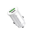 Black and white dual USB car charger with USB-A and USB-C ports for vehicle cigarette lighter socket.