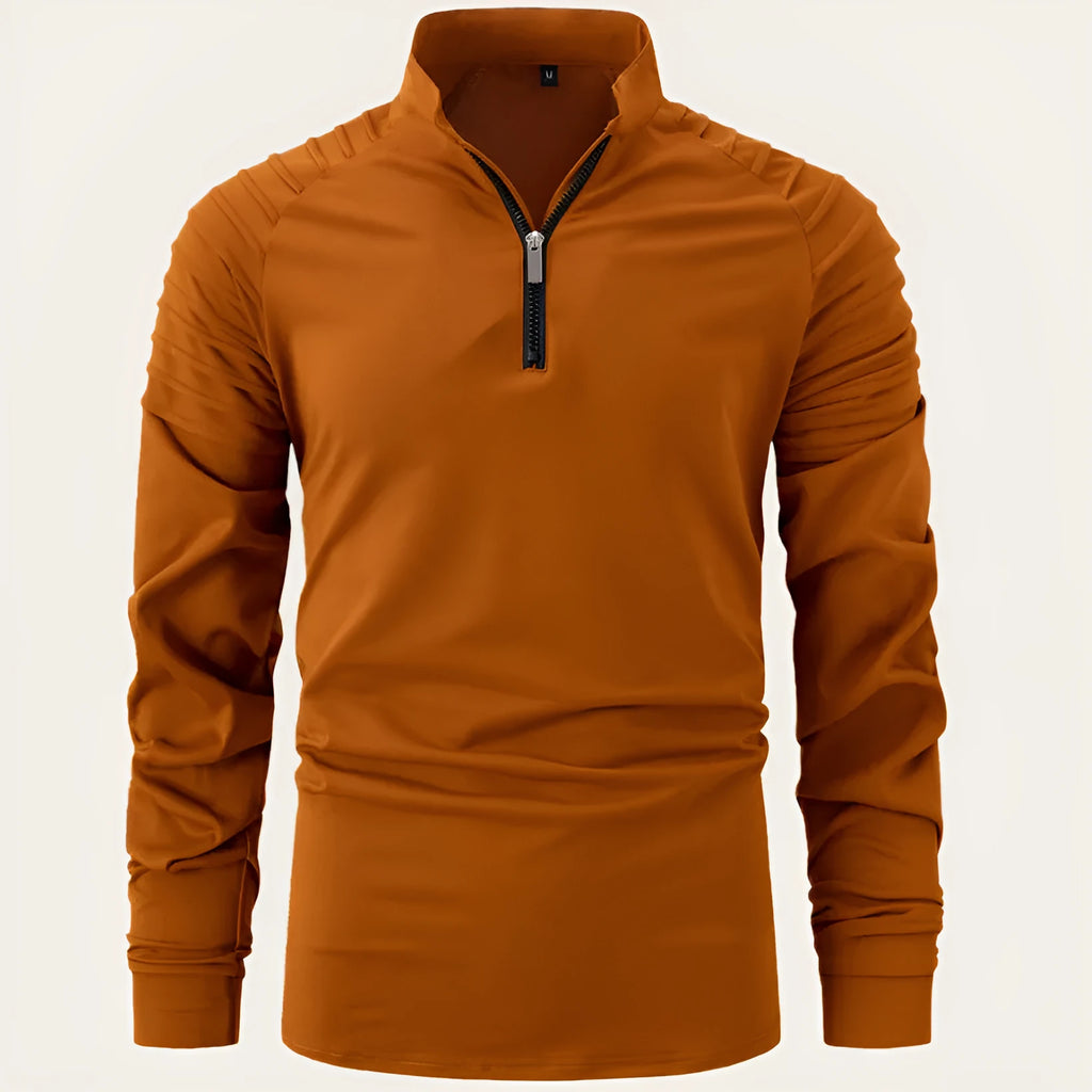 Men's long sleeve zip polo shirt in navy blue, cotton blend slim fit casual top for spring and autumn