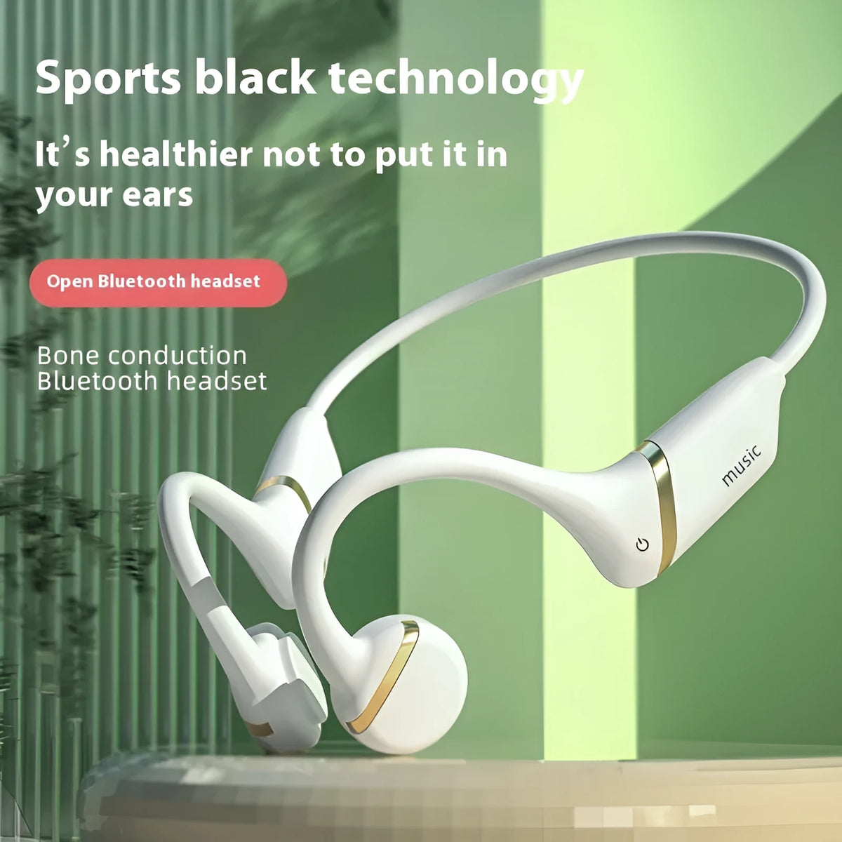 H12 open bone conduction wireless Bluetooth headset with ear hook, plastic build, white or black, shown for sports and calls