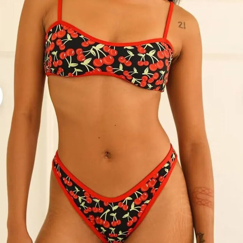 Women's cherry print bikini set with tube top and briefs in polyester fabric