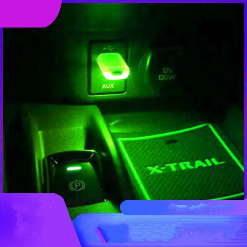 USB car night light with multiple colour modes for atmosphere, U-disk shape, flame-retardant ABS and metal construction