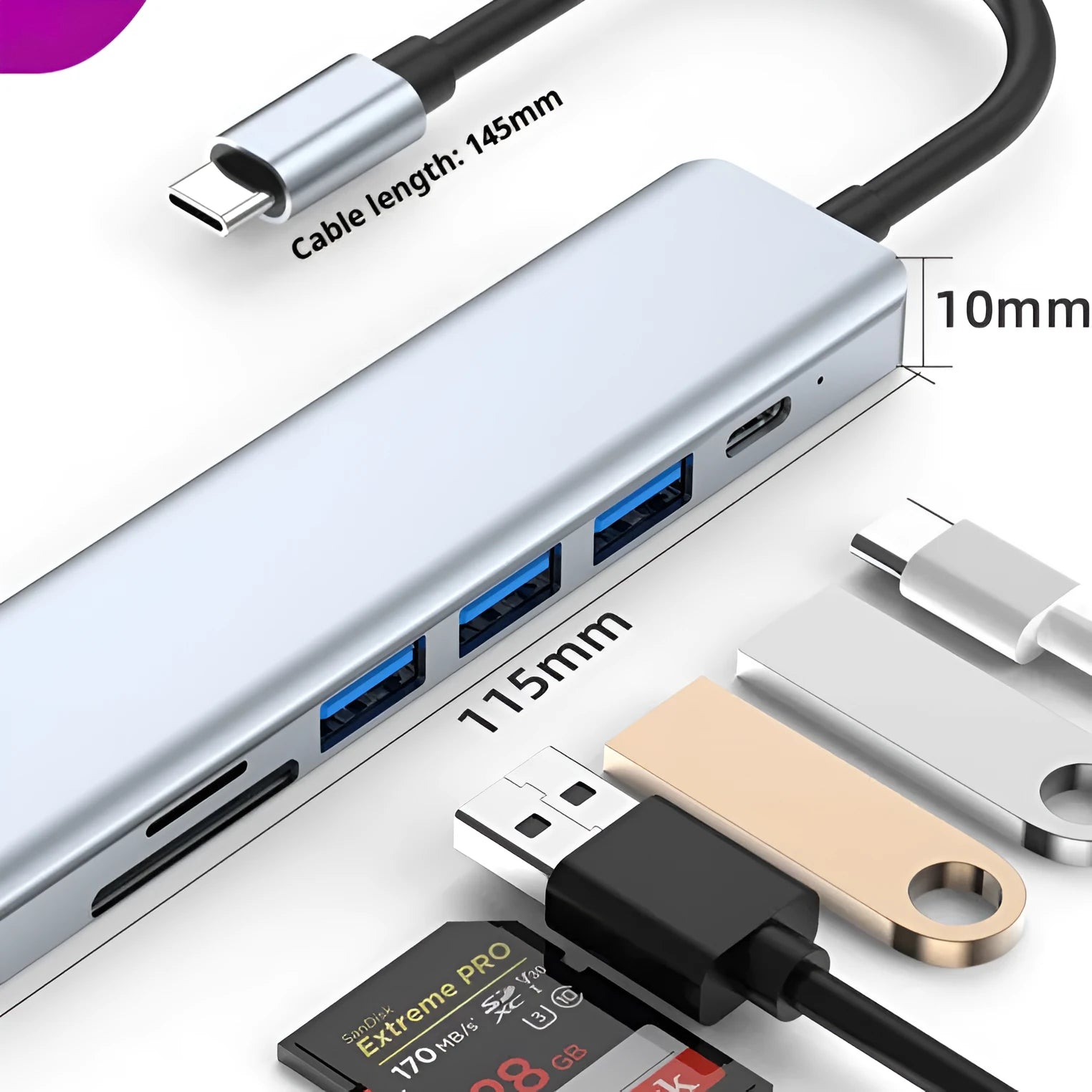 7-in-1 USB C hub expander with 145cm cable for computer docking stations