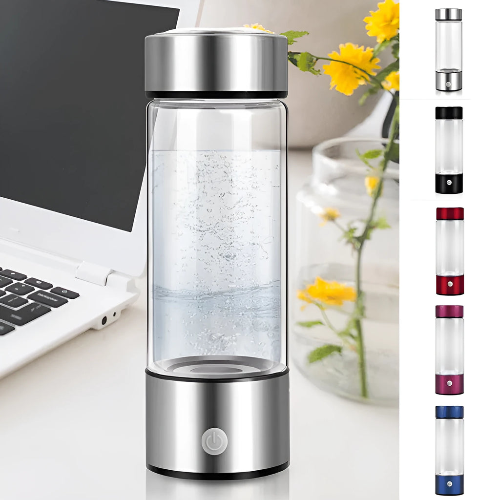 Hydrogen water bottle with electric generator in silver colour, borosilicate glass, 401-500ml capacity