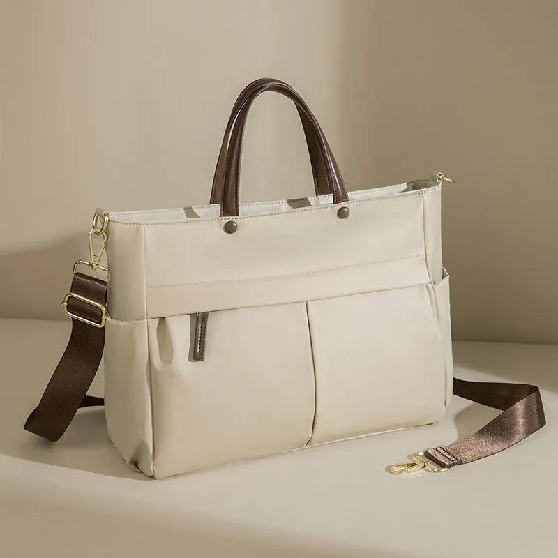 Women's Oxford cloth laptop briefcase with open outer pocket in Nuts and Apricots colour