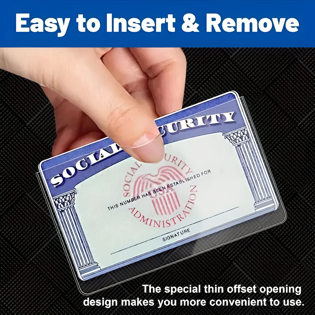 Clear PVC social security card holder measuring 9.7 by 5.9 centimetres.