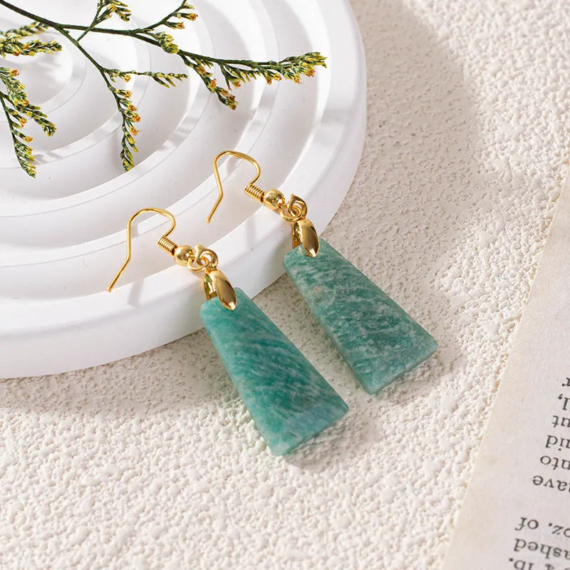 Amazonite rough stone trapezoid earrings with geometric design in gold or silver settings