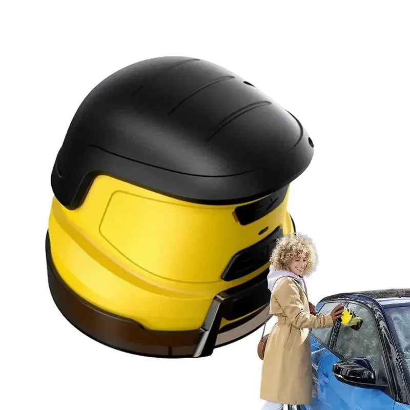 Yellow cordless electric snow scraper with ergonomic handle and removal window for car windscreen de-icing
