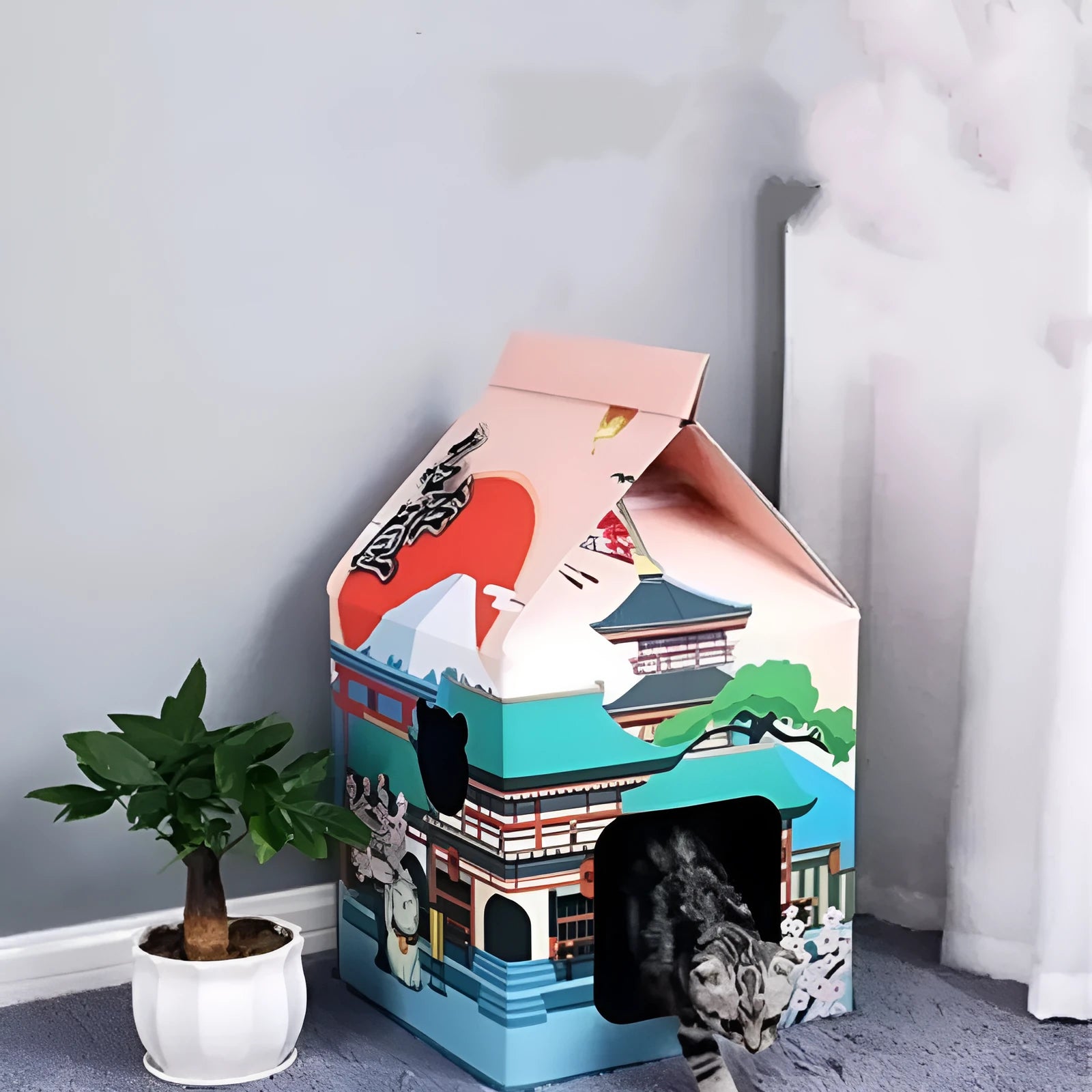 Foldable corrugated paper cat scratching board in Nagoya design, shown as both a flat pad and formed into a nest.