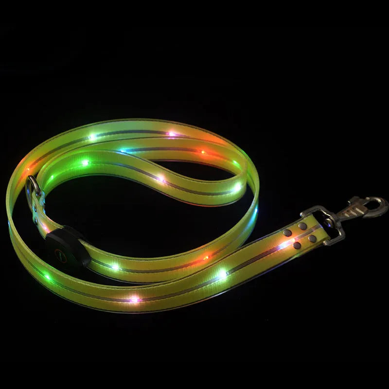 PVC luminous dog leash in orange, black, green, or blue, showing 120cm length.