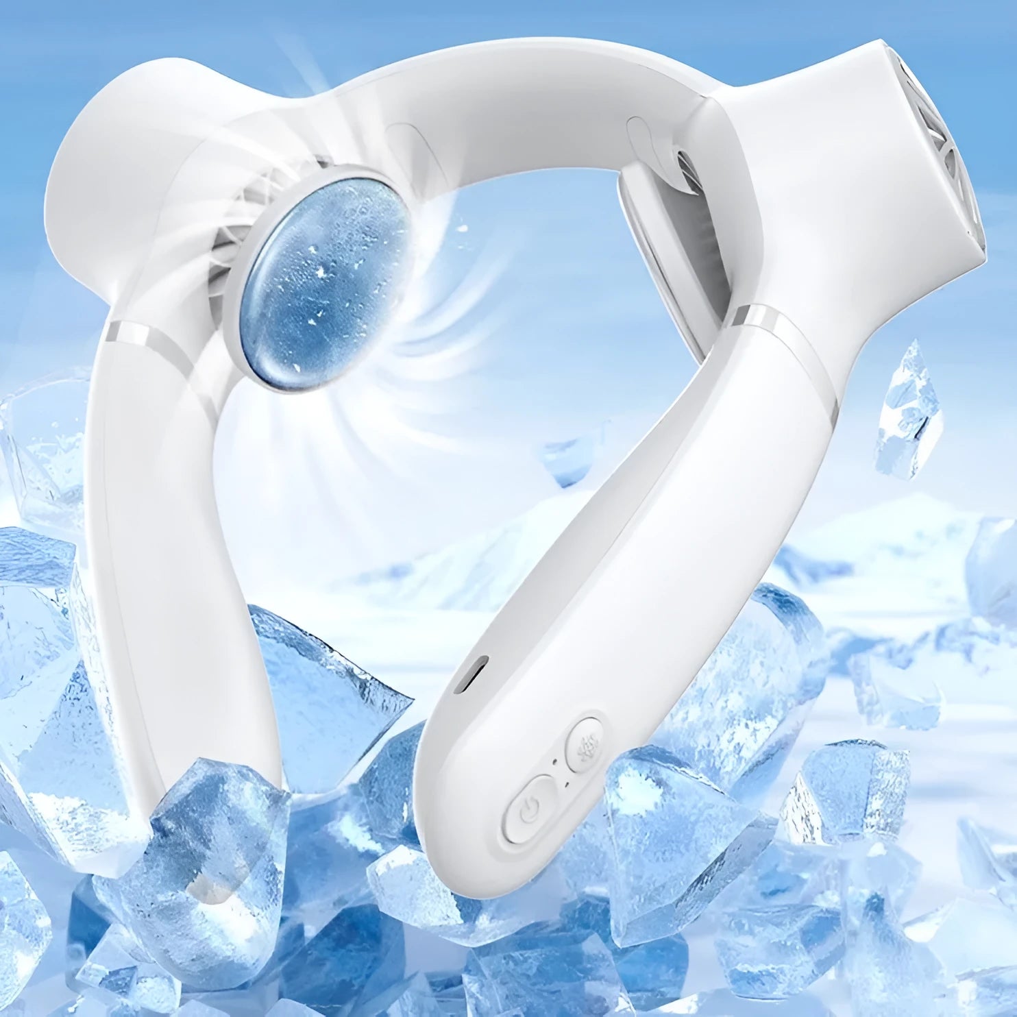 USB rechargeable large wind semiconductor cooling fan, hanging neck design, available in white, dark blue, and light green, size 187.5x181.5x52.5mm