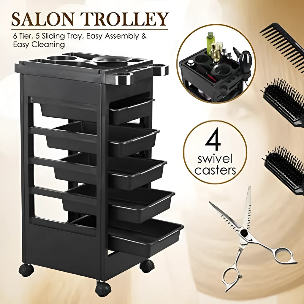 Black plastic six-layer hair salon tool trolley for barbers and hairdressers with multi-purpose storage