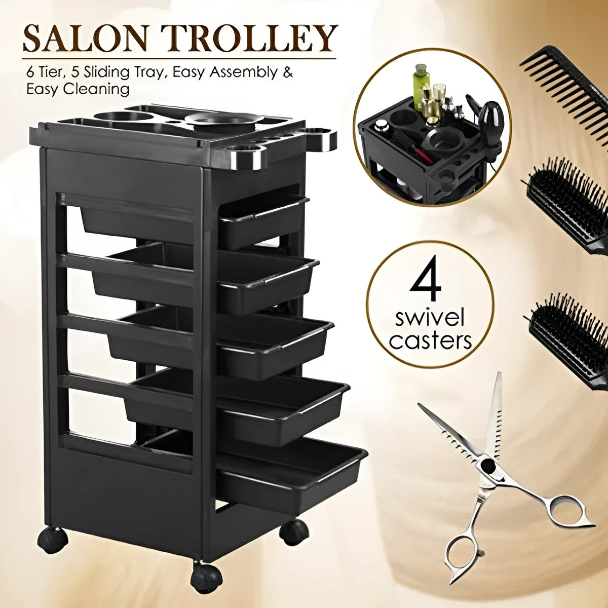 Black plastic six-layer hair salon tool trolley for barbers and hairdressers with multi-purpose storage