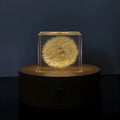 Clear cubic resin block with a dandelion flower inside, on a wooden box next to a USB charging base.