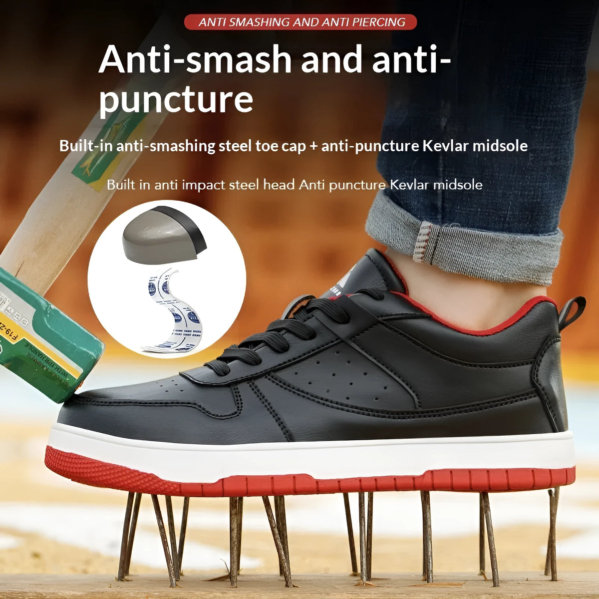 Black low-cut anti-smash anti-puncture safety work shoes with rubber sole on a workshop floor