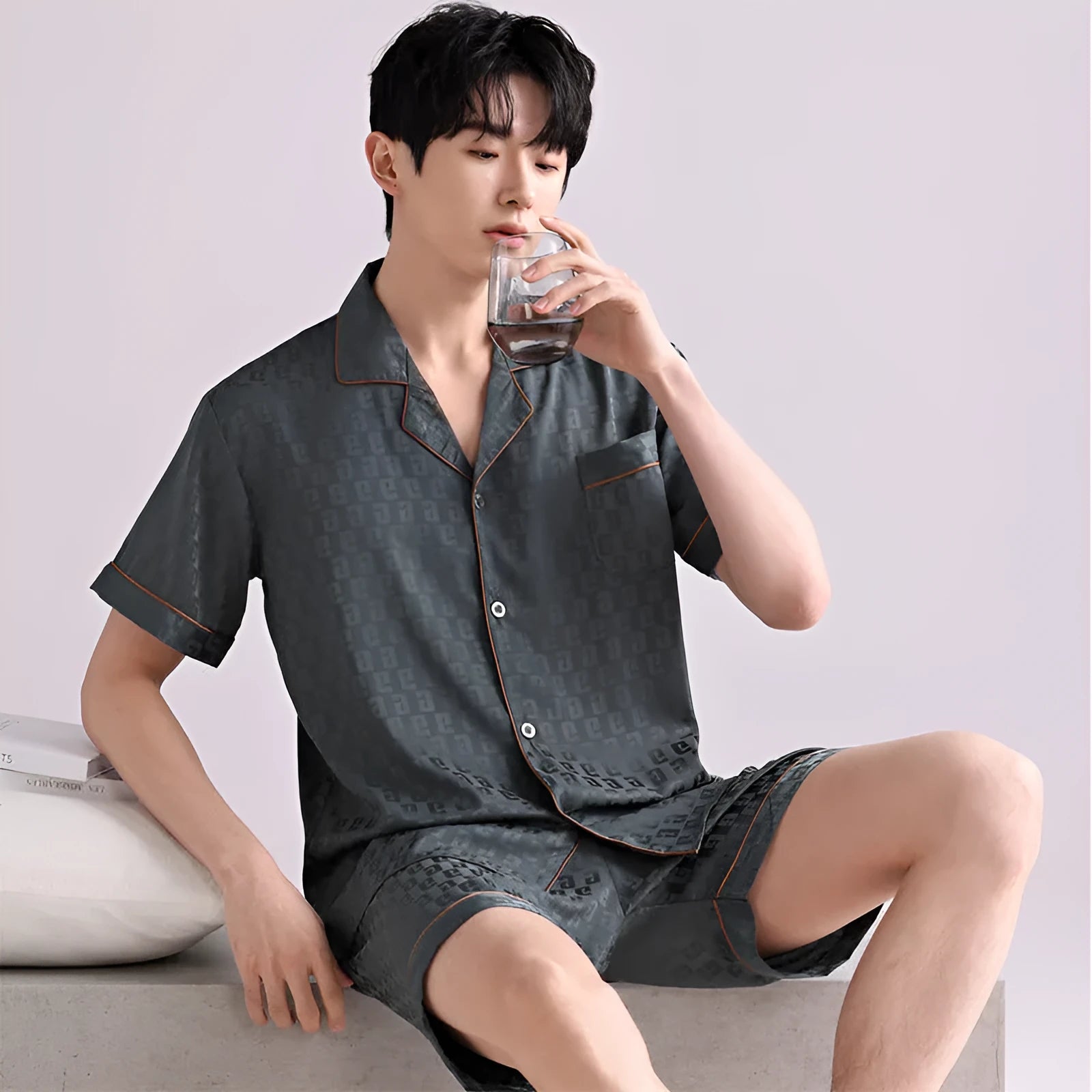 Men's lightweight ice silk pyjama set in black and white plaid pattern