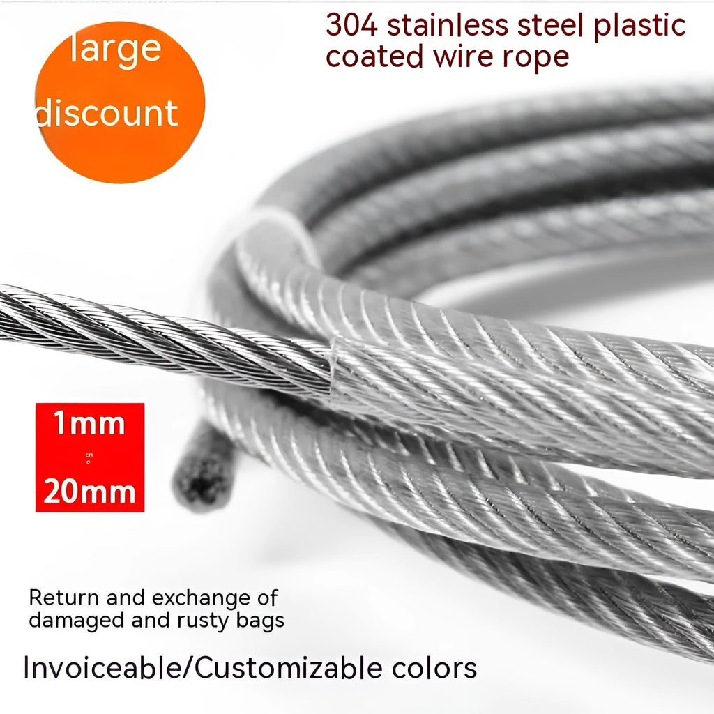 Close-up of a PVC-coated stainless steel security cable showing its multi-strand 7x19 construction.