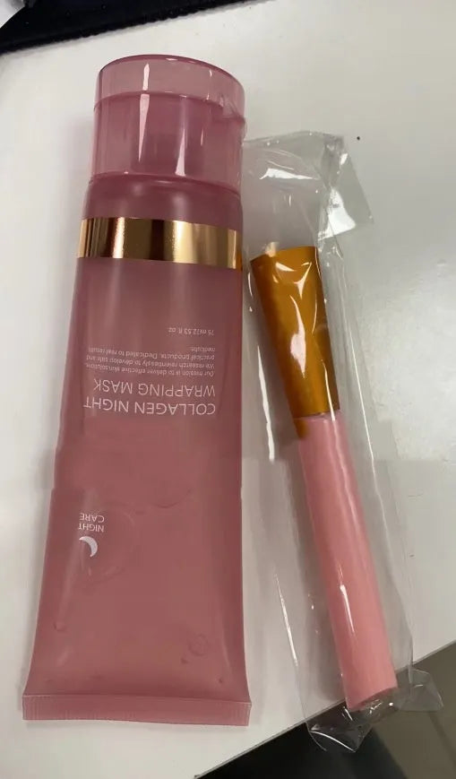 75ml bottle of collagen overnight face mask with application brush on a blue background.