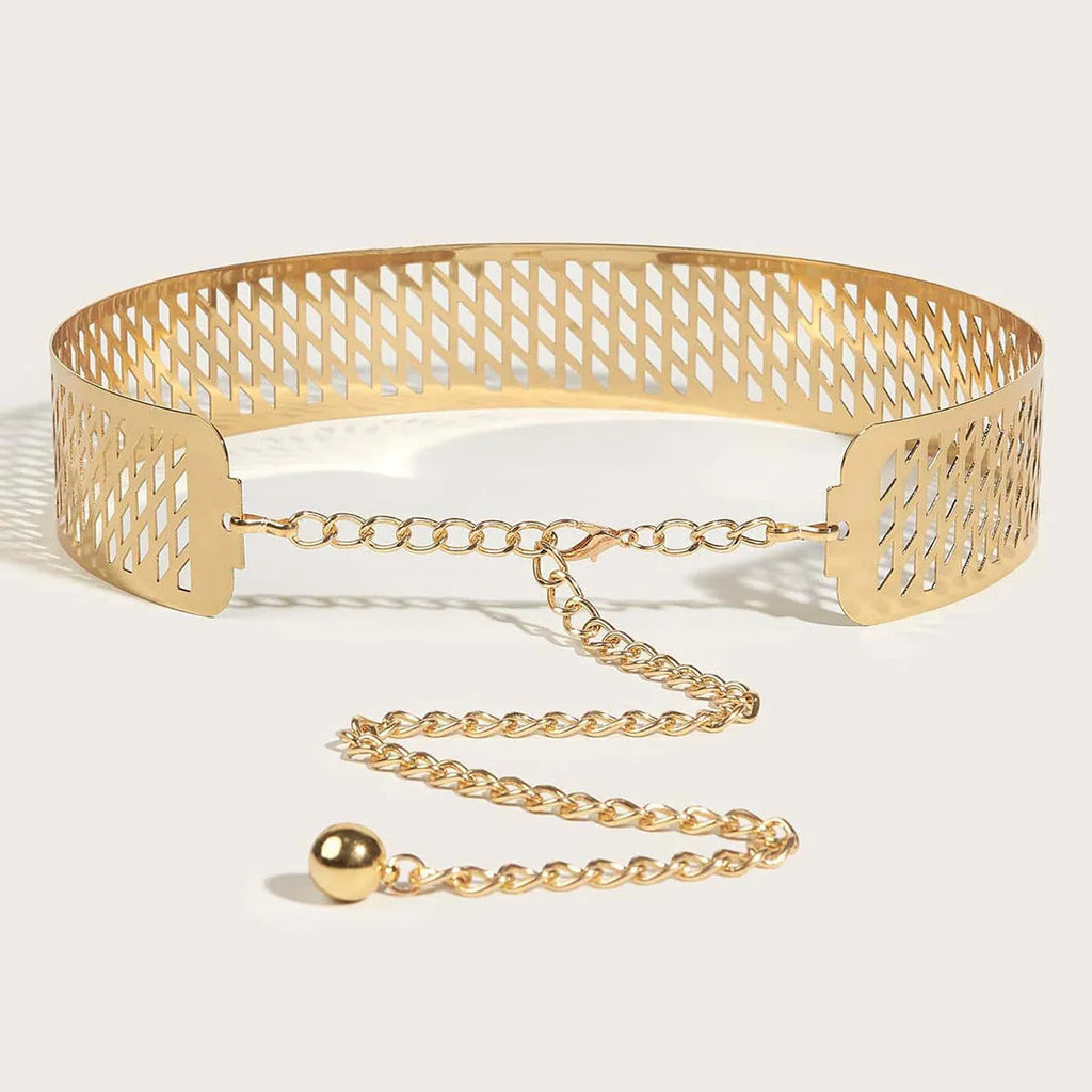 Gold thick iron waist ring belt with alloy buckle shown at 105cm length.