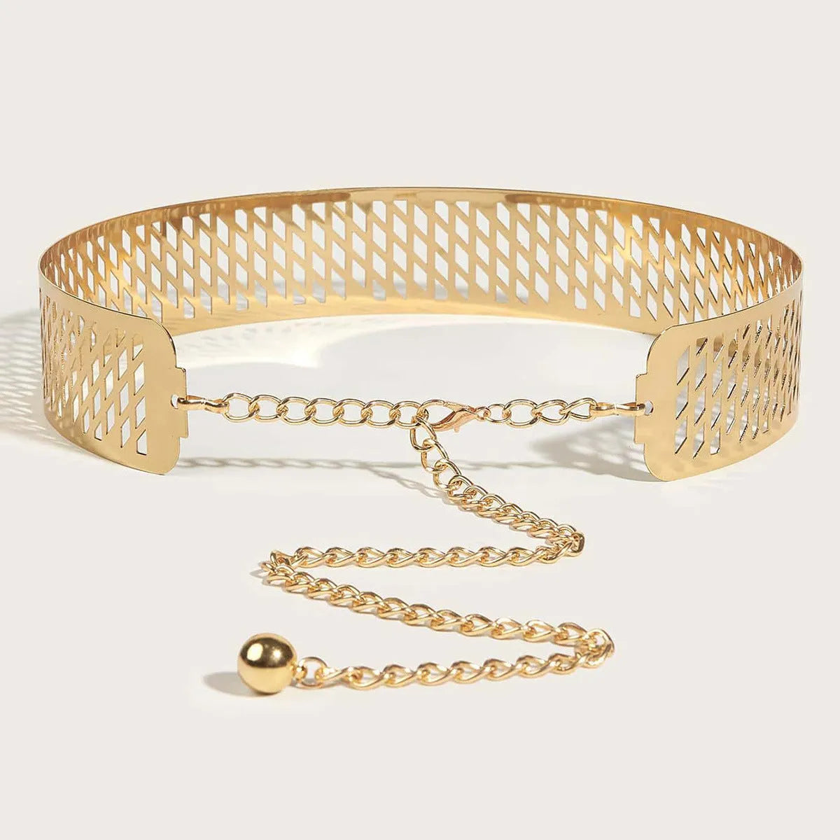 Gold thick iron waist ring belt with alloy buckle shown at 105cm length.