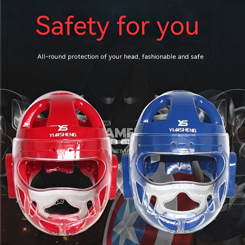 Karate training helmet for boxing head protection in blue colour with adjustable chin strap