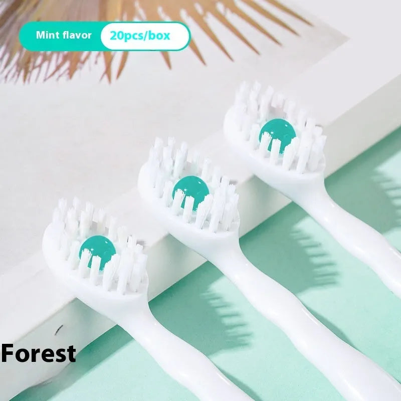 Box containing 20 disposable bead toothbrushes in mint, peach, plum green tea, or mixed flavours.