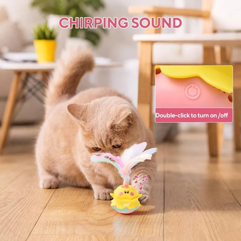 Pink interactive automatic cat feather toy with 360° rotation, LED light, and detachable feathers.