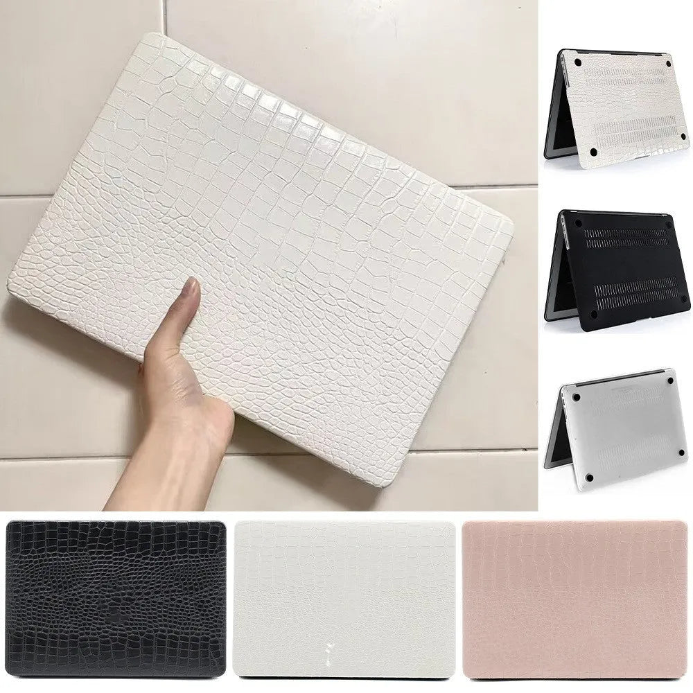 Crocodile pattern laptop protective case for MacBook Pro and Air in black, white or soft pink with hollow Apple logo.