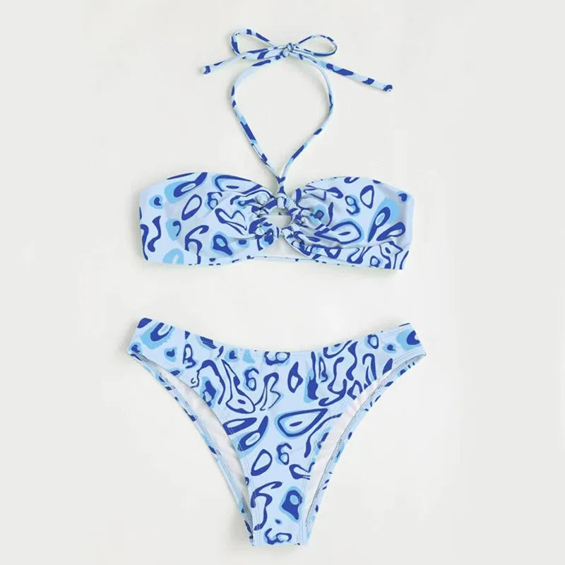 Green floral bandeau bikini swimsuit with backless design and split-style briefs