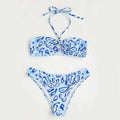 Green floral bandeau bikini swimsuit with backless design and split-style briefs