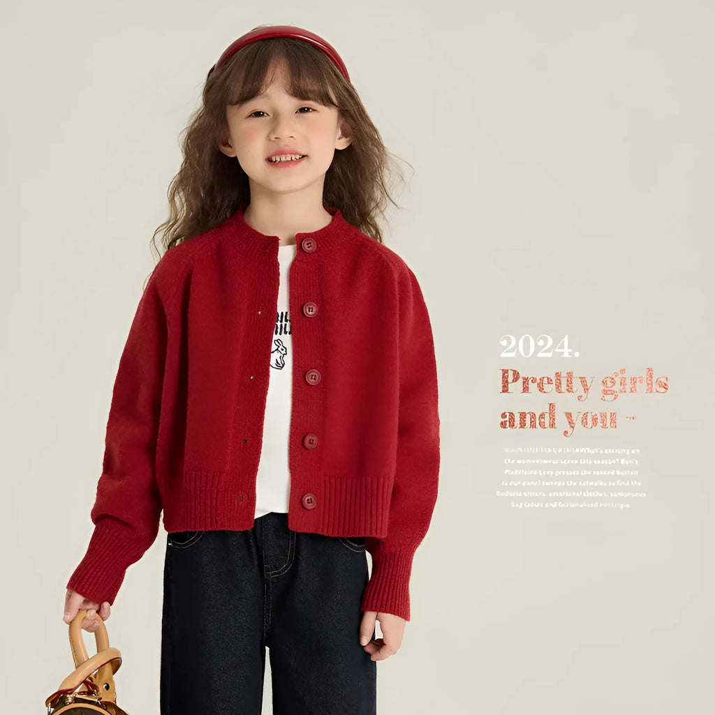 Girl's red knitted cardigan, Korean style, single-breasted, long sleeve, sizes 90cm to 160cm