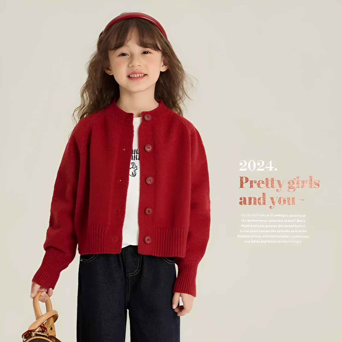 Girl's red knitted cardigan, Korean style, single-breasted, long sleeve, sizes 90cm to 160cm