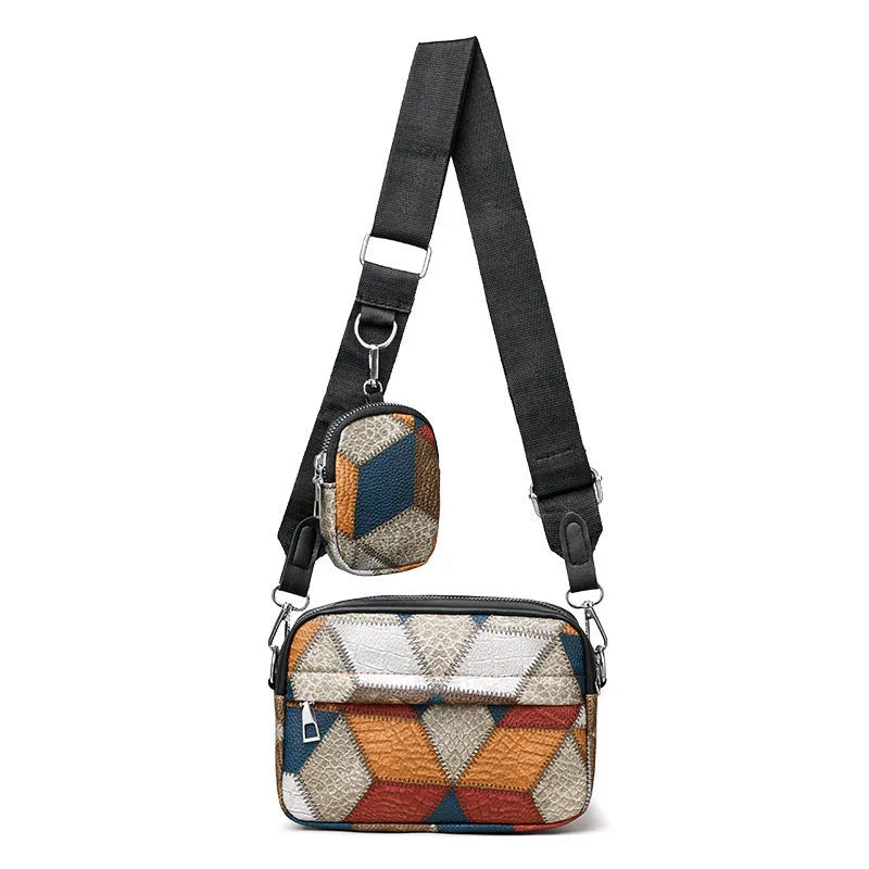 Small square crossbody bag with contrast stitching, PU outer, polyester lining, black or yellow colour matching.