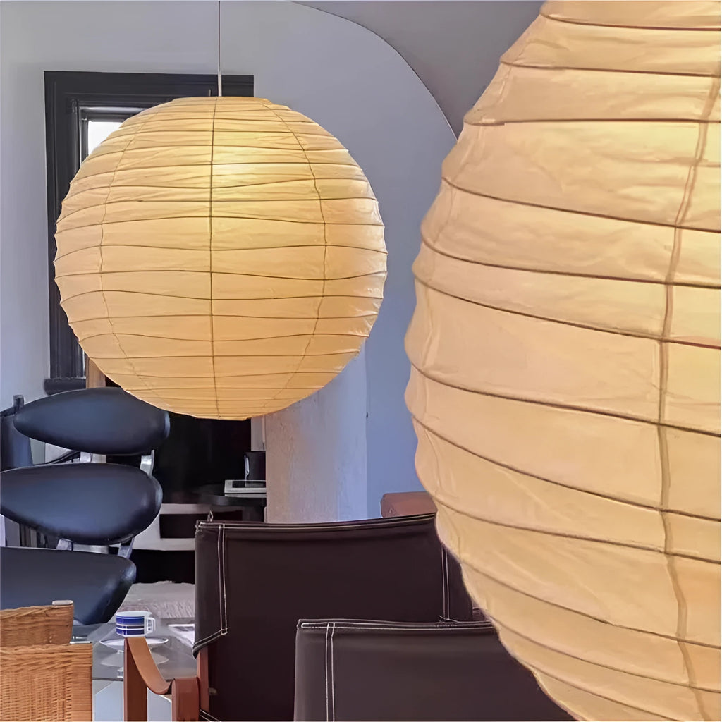 Japanese rice paper ball chandelier in three diameter sizes with three colour lighting options