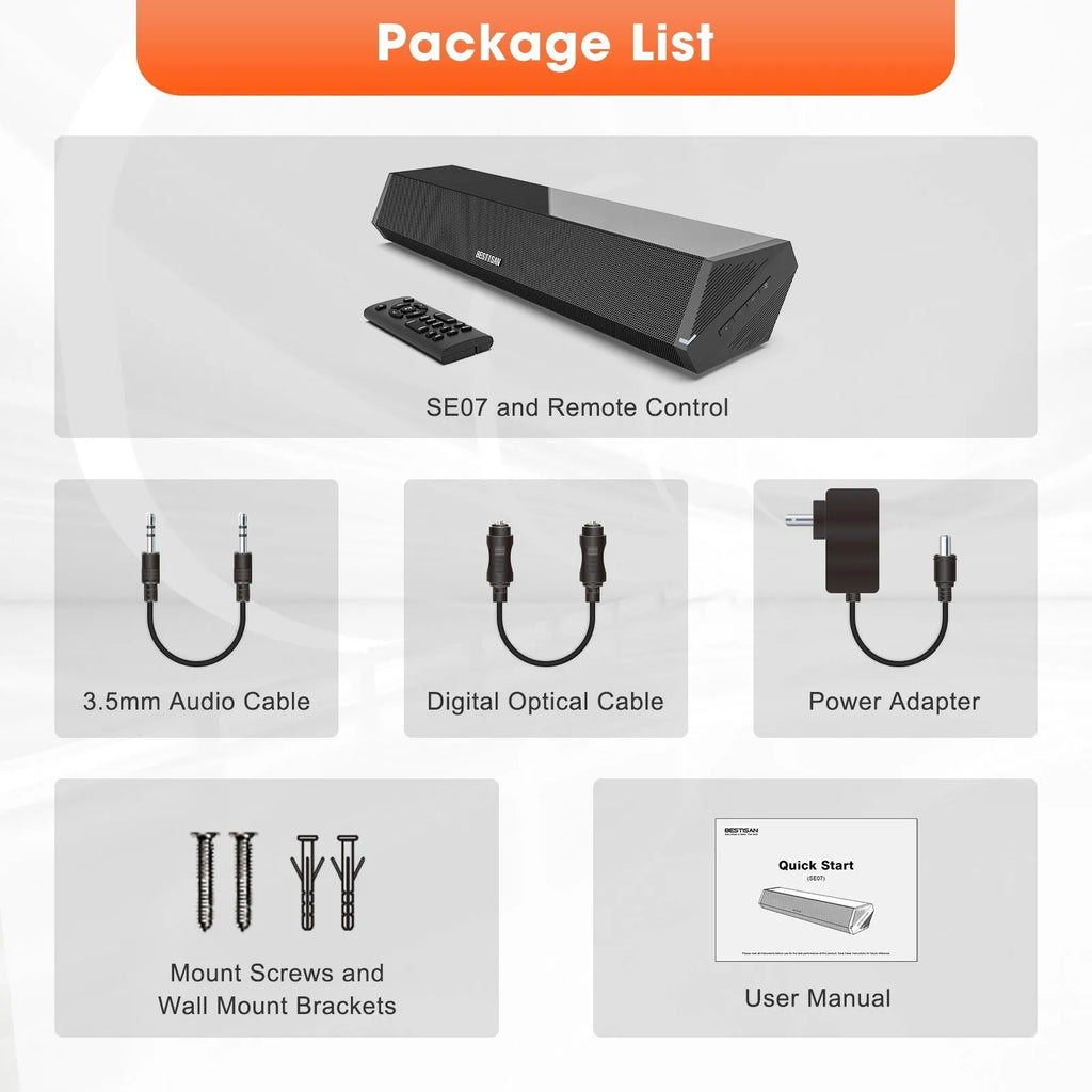 Black small wholesale echo wall soundbar bar TV speaker with 40W power and HDMI inputs, dimensions 420mm x 109mm x 72mm