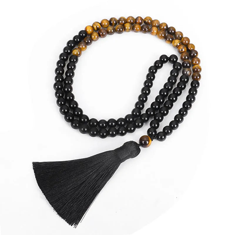 Tiger eye stone tassel sweater chain necklace with drop shape pendant and ball bead chain