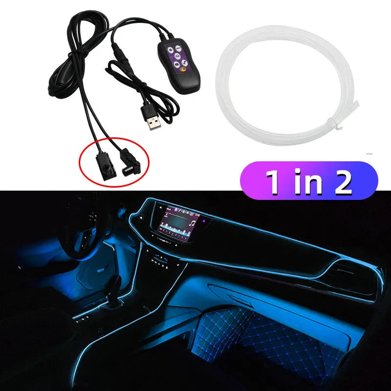 Car interior LED atmosphere light strips installed along dashboard and centre console with colour-changing illumination