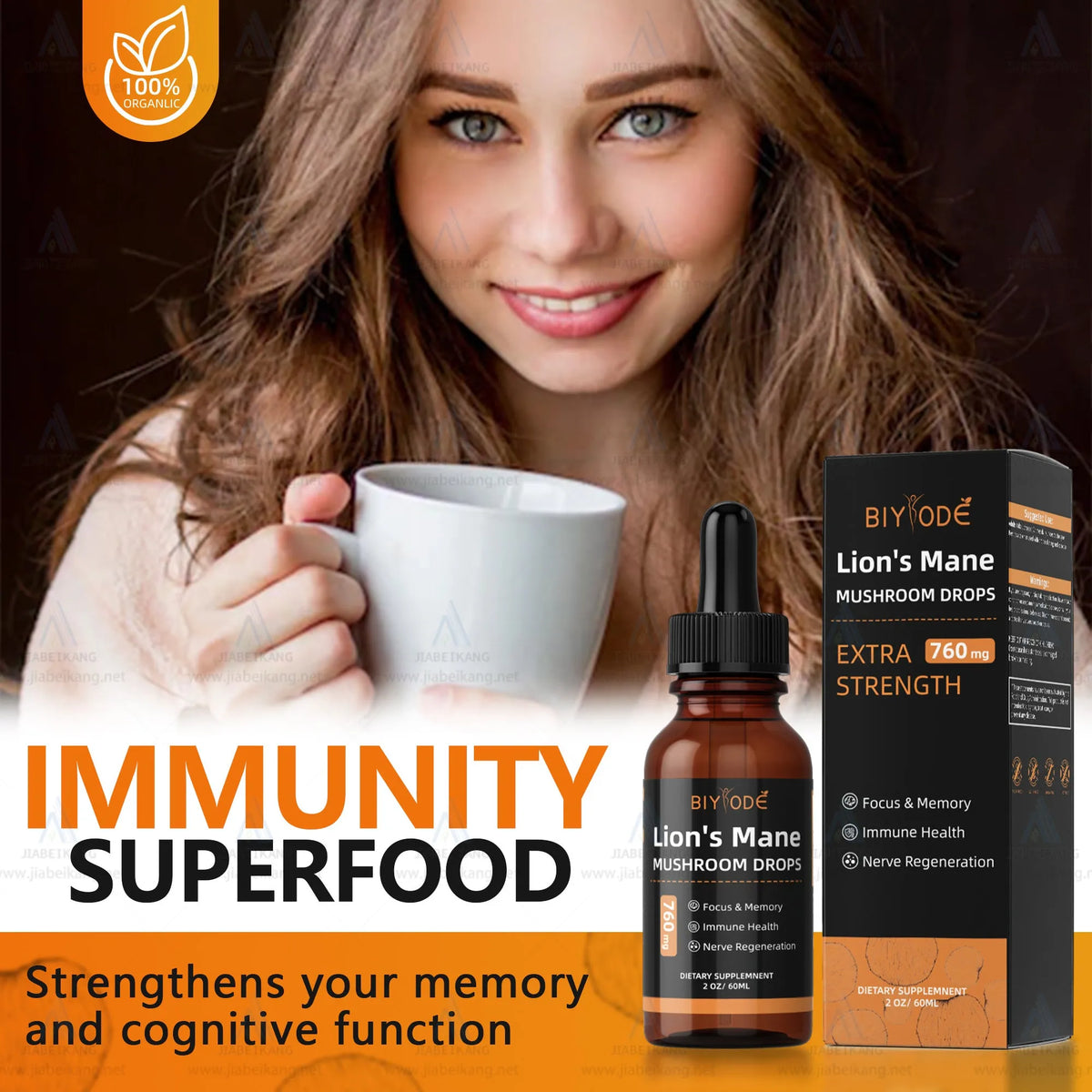 Organic liquid lions mane mushroom extract drop supplement in a glass bottle with dropper