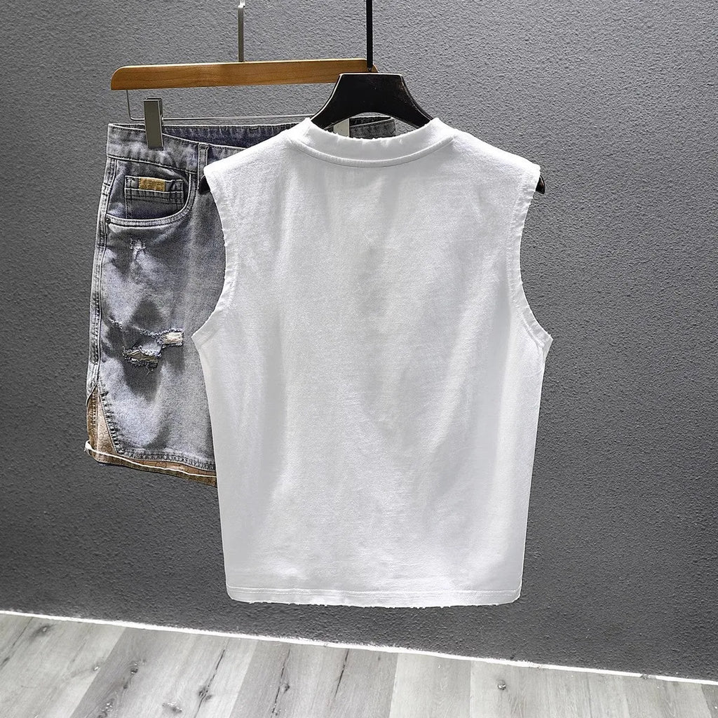 Cotton sleeveless fitness t-shirt in solid black colour showing loose fit and straight hem design