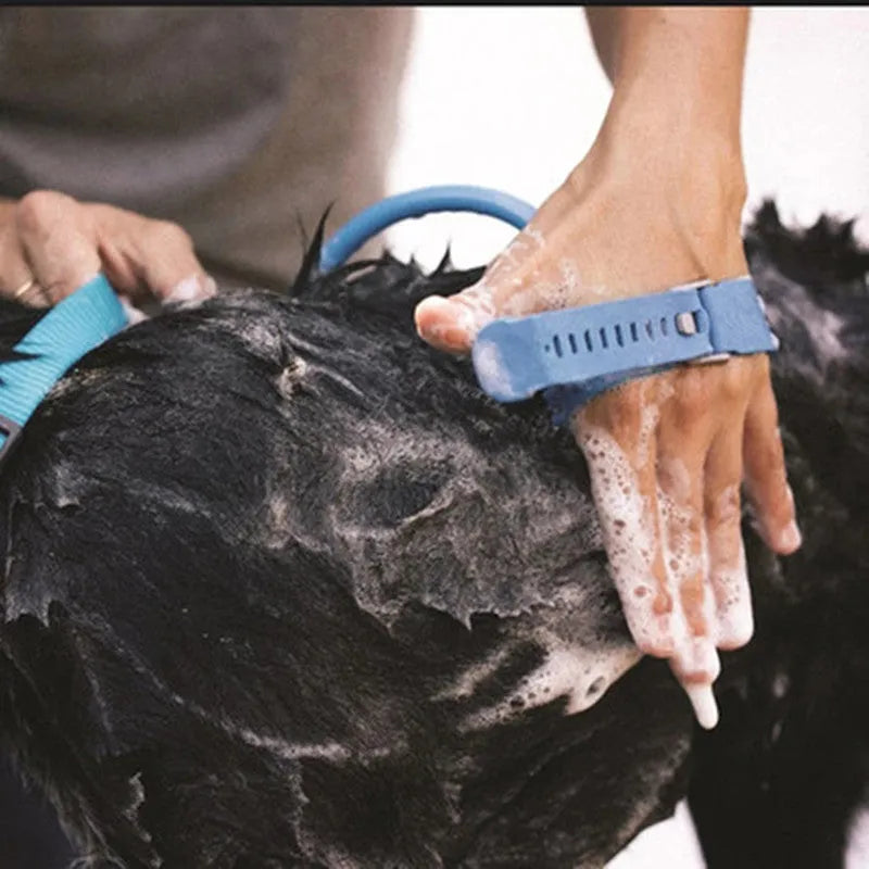 Blue handheld pet bathing tool with massage gloves, 98.5 inch hose and two faucet adapters for dogs, cats and horses.