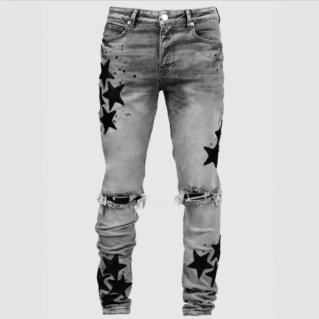 Men's slim fit stretch jeans in gray, blue or light blue with embroidered detail, mid waist and tight leg