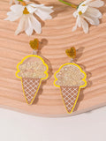 Set of acrylic earrings shaped like cherry, strawberry, watermelon, pineapple, coconut, cake, and ice cream.
