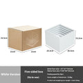 Set of six white plastic cube-shaped dessert display stands arranged on a desktop.