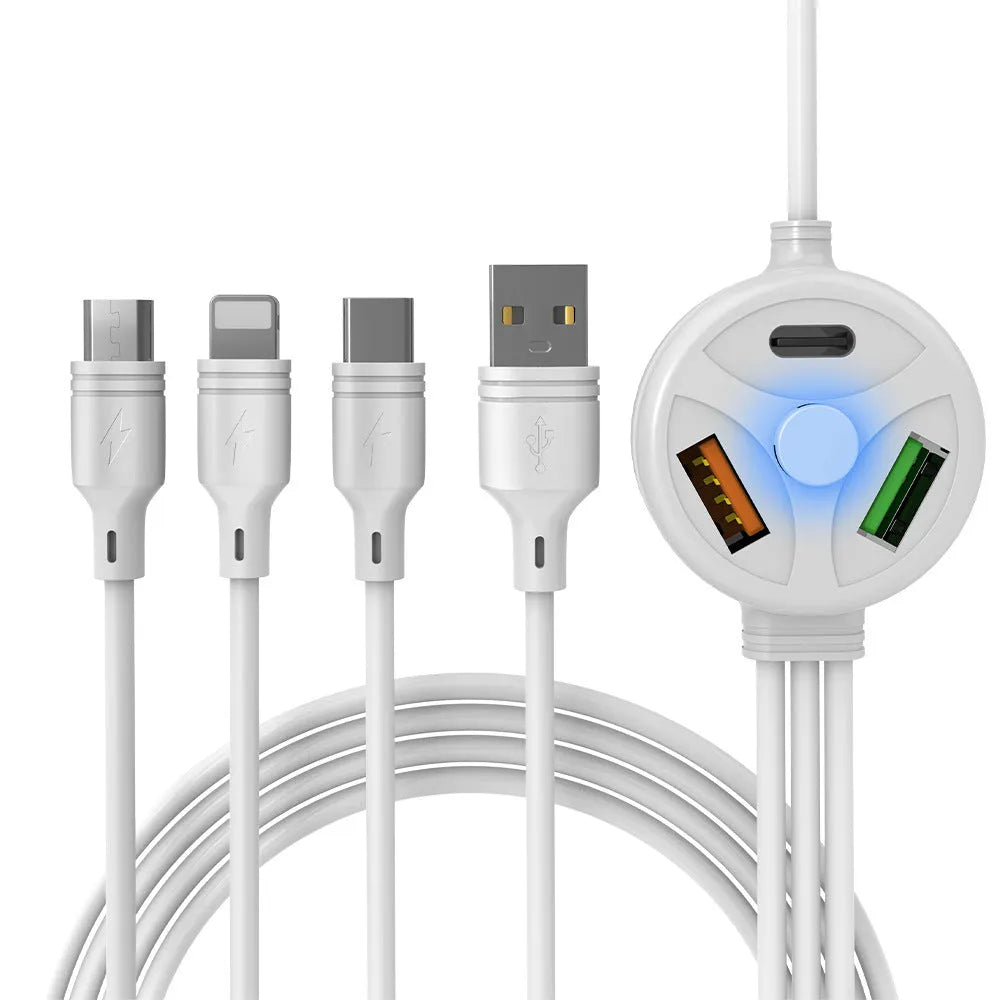 White 3-in-1 PD fast charge cable with USB, Micro USB, Mini USB, and TYPE-C connectors, 1.2 metres long.