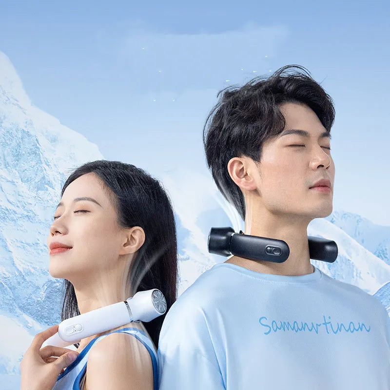 USB rechargeable large wind semiconductor cooling fan, hanging neck design, available in white, dark blue, and light green, size 187.5x181.5x52.5mm