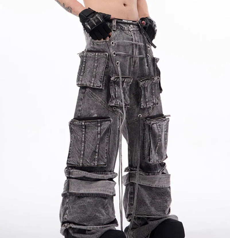 Grey distressed denim mop pants with rope stitching details American-style overalls