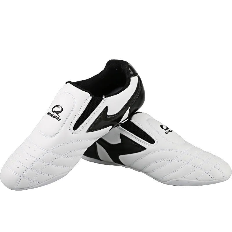 Black and white children's martial arts shoes with soft bottom and widened sole design