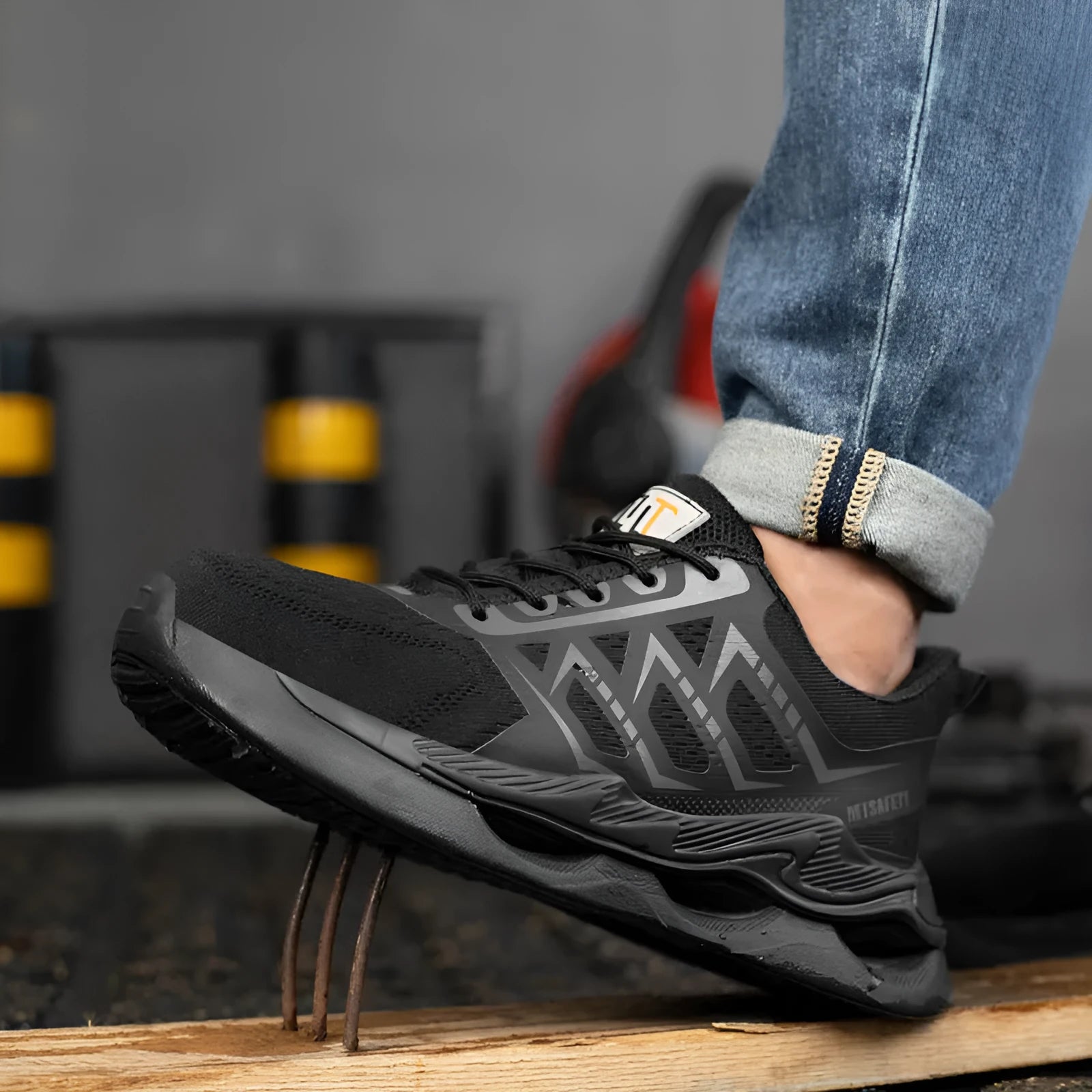 Black low-top safety shoes with a flat knitted upper, steel toe cap, and lace-up front.