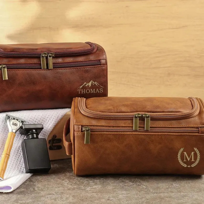 Men's PU leather leisure travel makeup bag in black, light brown, brown, or dark brown