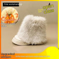 Women's black artificial plush snow boots with waterproof platform sole and low top design.